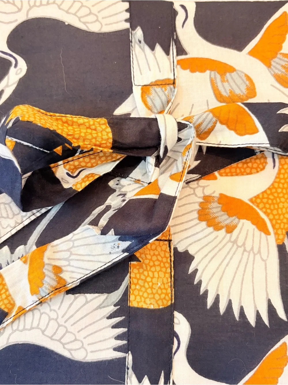 Crane Print Fabric Pouch - Black Gold Accent 100% Cotton